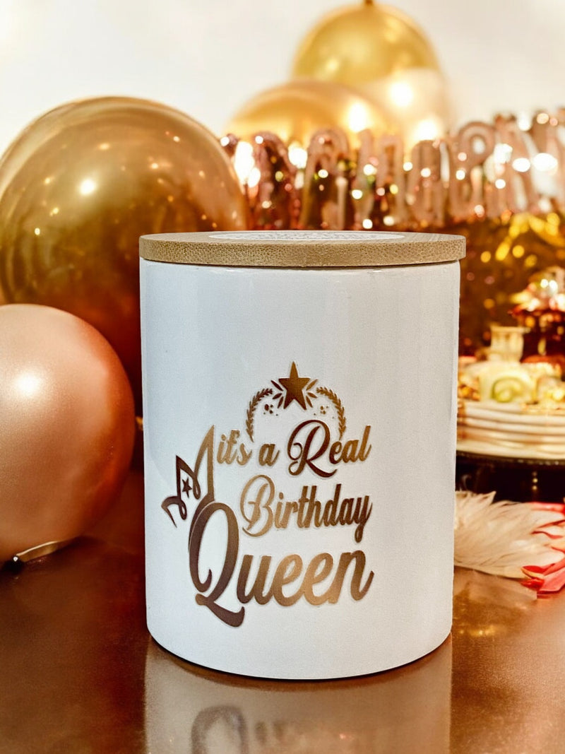 White Tea Wickless Birthday Candle, Premium Soy Wax, Luxe Candle, Quote: It's a Real Birthday Queen, Perfect Gift for the Queen of Your Life